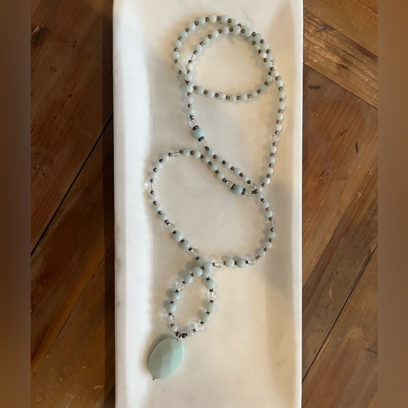 Aquamarine & Clear Quartz 108 Bead Mala Necklace - Picture 2 of 4